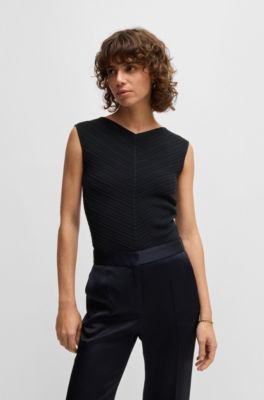 V-neck top with knitted structure, Dark Blue