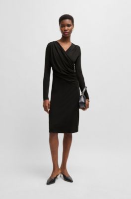 Wrap-front dress in stretch crepe, Black