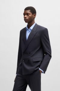 Giacca slim fit in popeline di misto lana elasticizzato, Blu scuro