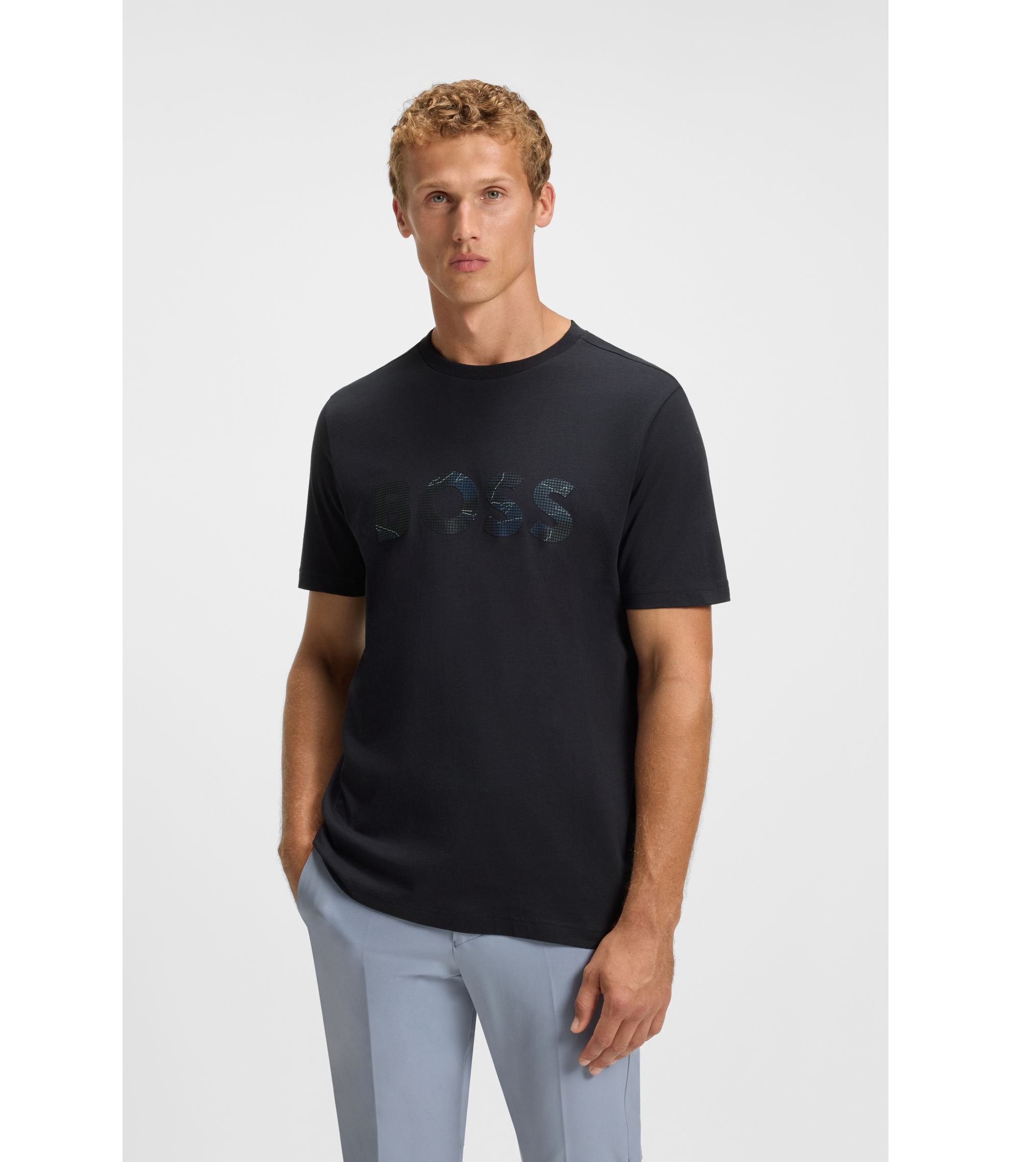 BOSS - Cotton-jersey T-shirt with logo print - Dark Blue