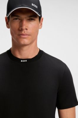 Stretch-cotton T-shirt with logo collar, Black