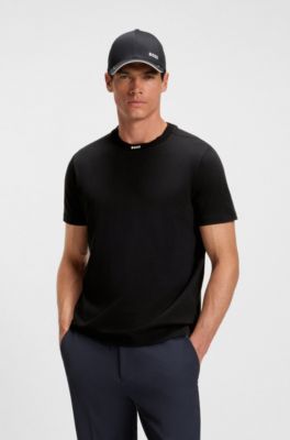 Stretch-cotton T-shirt with logo collar, Black
