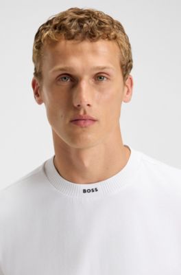 Stretch-cotton T-shirt with logo collar, White