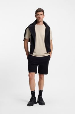 Stretch-cotton T-shirt with logo collar, Natural