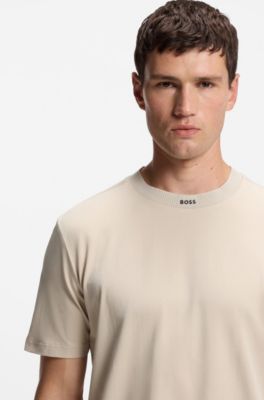 Stretch-cotton T-shirt with logo collar, Natural