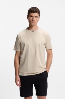 Stretch-cotton T-shirt with logo collar, Natural