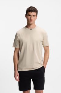 Stretch-cotton T-shirt with logo collar, Natural