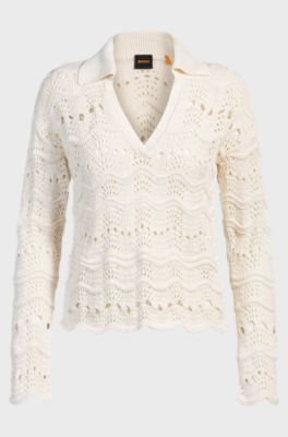 Johnny-collar sweater with cotton-blend open-knit structure, White