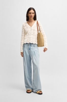 Johnny-collar sweater with cotton-blend open-knit structure, White