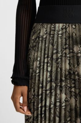 Python-print midi skirt with pliss&eacute; pleats, Patterned