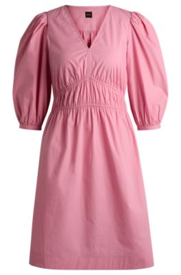 Robe &agrave; col&nbsp;V en popeline de coton avec taille fronc&eacute;e, Rose clair