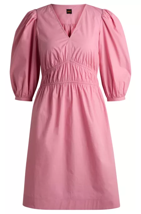 V-neck dress in cotton poplin with ruched waist