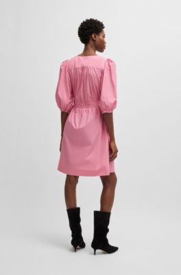 Robe &agrave; col&nbsp;V en popeline de coton avec taille fronc&eacute;e, Rose clair