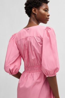 Robe &agrave; col&nbsp;V en popeline de coton avec taille fronc&eacute;e, Rose clair