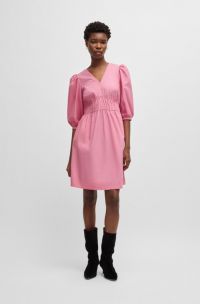 Robe à col V en popeline de coton avec taille froncée, Rose clair