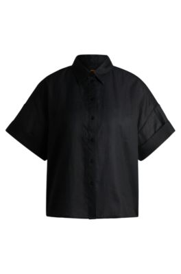 Oversized-fit blouse in ramie, Black