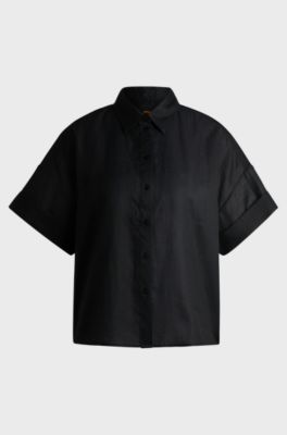 Oversized-fit blouse in ramie, Black