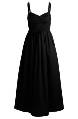 Cotton-poplin dress with ruched bodice, Black