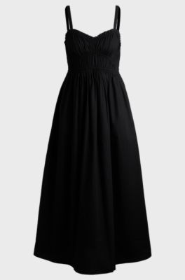 Cotton-poplin dress with ruched bodice, Black