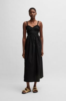 Cotton-poplin dress with ruched bodice, Black