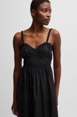 Cotton-poplin dress with ruched bodice, Black