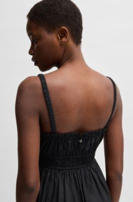 Cotton-poplin dress with ruched bodice, Black