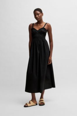 Cotton-poplin dress with ruched bodice, Black