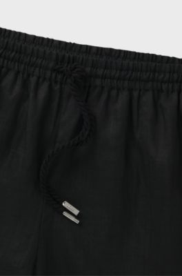 Short en ramie avec cordon torsad&eacute;, Noir