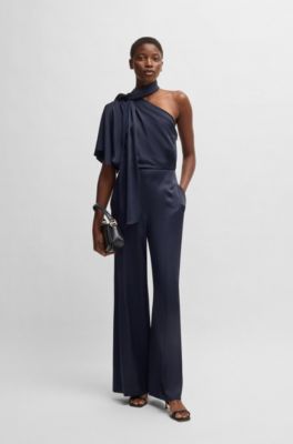 One-shoulder jumpsuit with tie neckline, Dark Blue