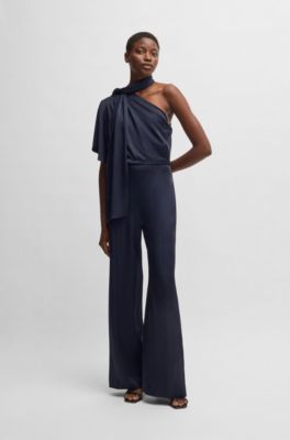 One-shoulder jumpsuit with tie neckline, Dark Blue