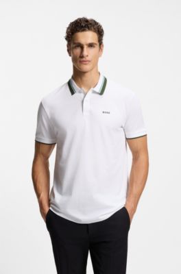 Paddy polo shirt in cotton piqu&eacute; with striped collar, White