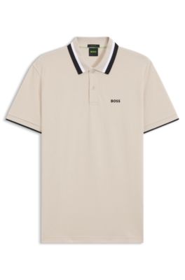 Paddy polo shirt in cotton piqu&eacute; with striped collar, Light Beige