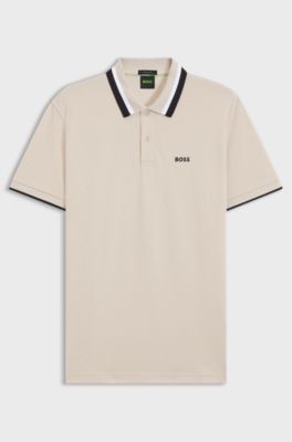 Paddy polo shirt in cotton piqu&eacute; with striped collar, Light Beige