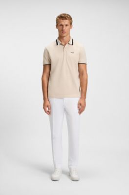 Paddy polo shirt in cotton piqu&eacute; with striped collar, Light Beige