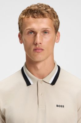 Paddy polo shirt in cotton piqu&eacute; with striped collar, Light Beige