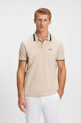 Paddy polo shirt in cotton piqu&eacute; with striped collar, Light Beige