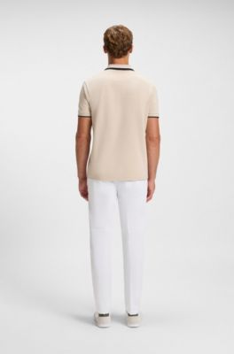 Paddy polo shirt in cotton piqu&eacute; with striped collar, Light Beige