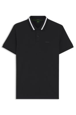 Paddy polo shirt in cotton piqu&eacute; with striped collar, Dark Blue