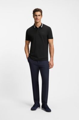 Paddy polo shirt in cotton piqu&eacute; with striped collar, Dark Blue