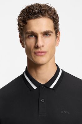 Paddy polo shirt in cotton piqu&eacute; with striped collar, Dark Blue
