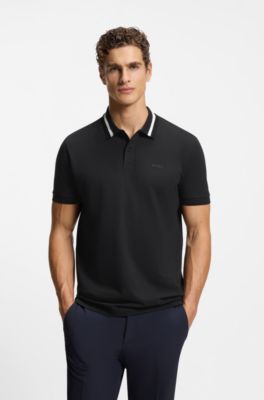 Paddy polo shirt in cotton piqu&eacute; with striped collar, Dark Blue