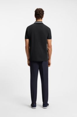 Paddy polo shirt in cotton piqu&eacute; with striped collar, Dark Blue