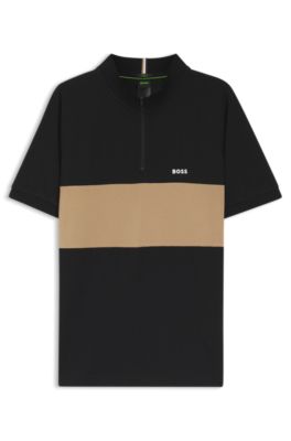 Active cotton-blend polo shirt with block stripe, Black