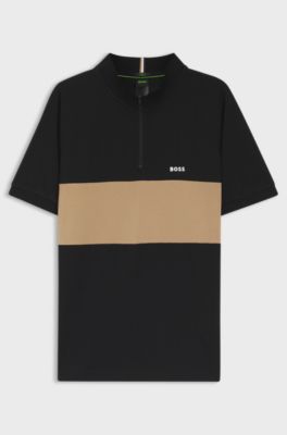 Active cotton-blend polo shirt with block stripe, Black