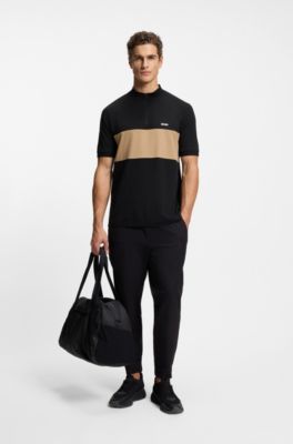 Active cotton-blend polo shirt with block stripe, Black