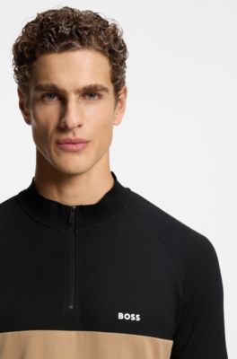 Active cotton-blend polo shirt with block stripe, Black