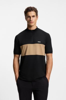 Active cotton-blend polo shirt with block stripe, Black