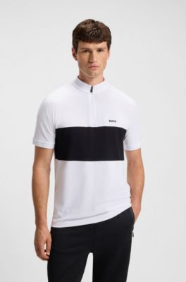Active cotton-blend polo shirt with block stripe, White / Black