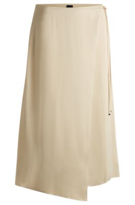 Wrap-front midi skirt in satin, Light Beige