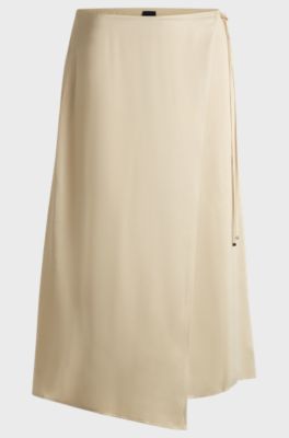 Wrap-front midi skirt in satin, Light Beige